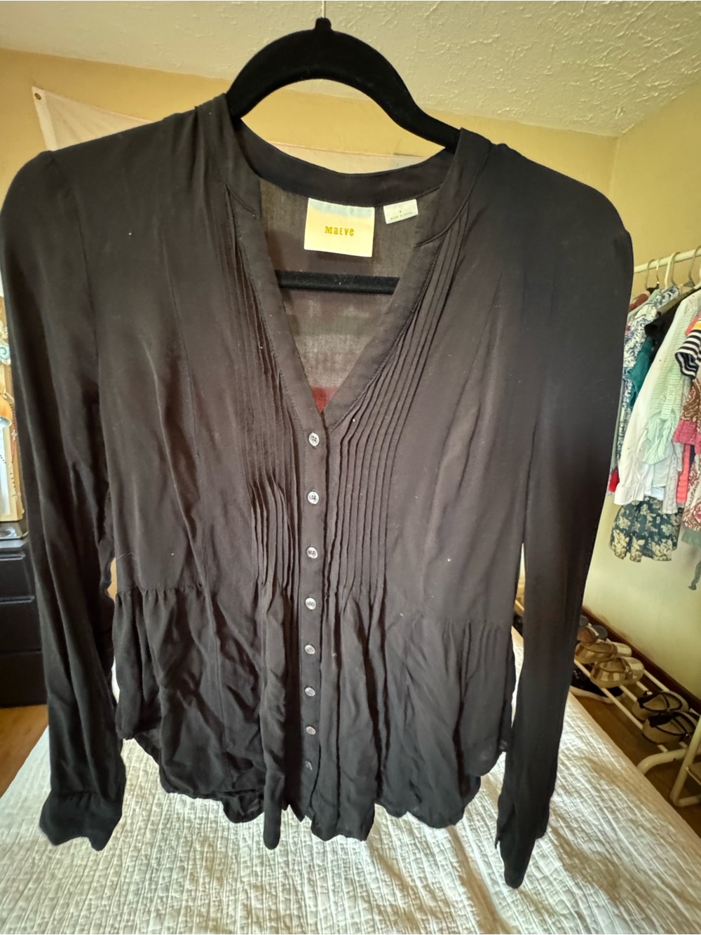 Anthropologie Maeve Black Button-Front Women's Long-Sleeve Top